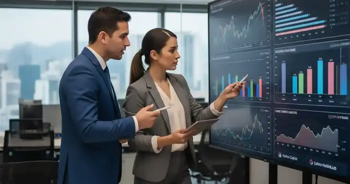 Imagen de un profesional interactuando con un tablero de simulación financiera, observando gráficos, estados financieros y resultados de decisiones empresariales.