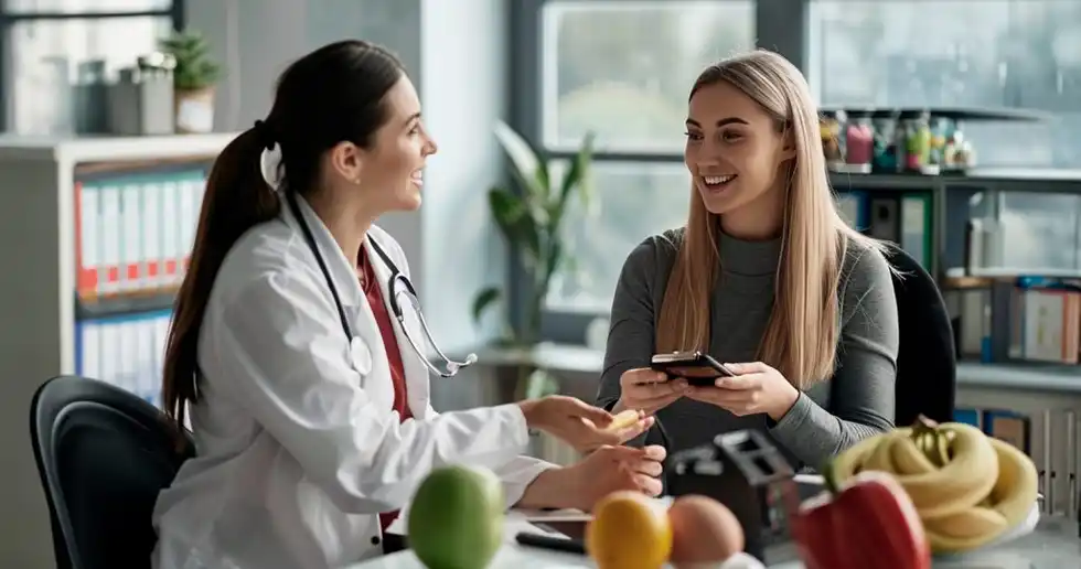 Fotografía de profesional con certificación en nutrición deportiva en su consultorio ayudando a deportista con su entrenamiento y nutrición deportiva