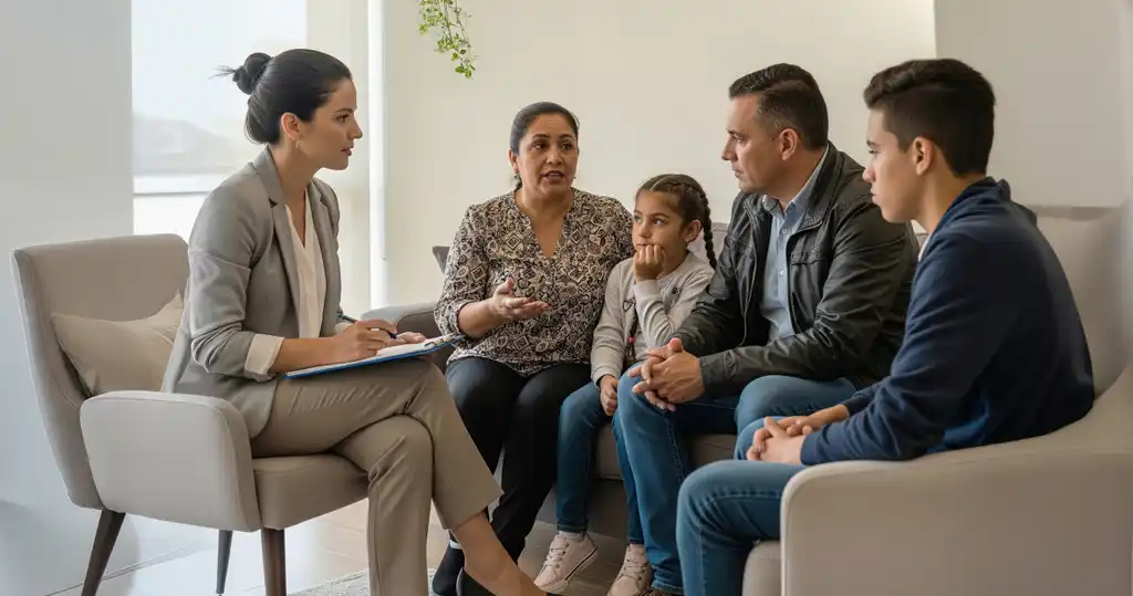 Familia diversa unida en un círculo de apoyo que refleja resiliencia familiar y fortaleza emocional.