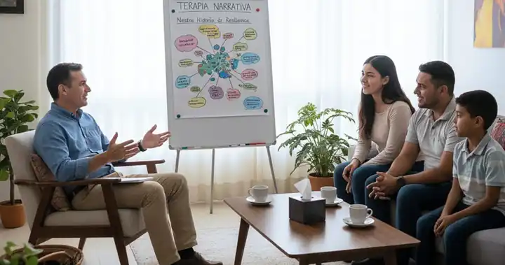 Psicoterapeuta acompaña a una familia en sesión de terapia narrativa y salud mental familiar en un consultorio luminoso.