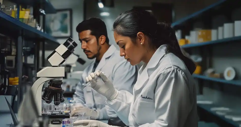 Fotografía de dos jóvenes realizando un análisis de células extraídas de una citología cervicovaginal con microscopio en un laboratorio.