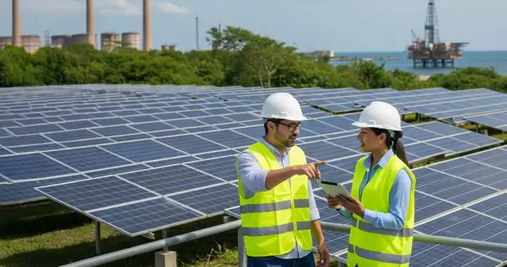 Imagen de profesionales aplicando las estrategias para la transformación energética de la organización en un campo al colocar energía solar.