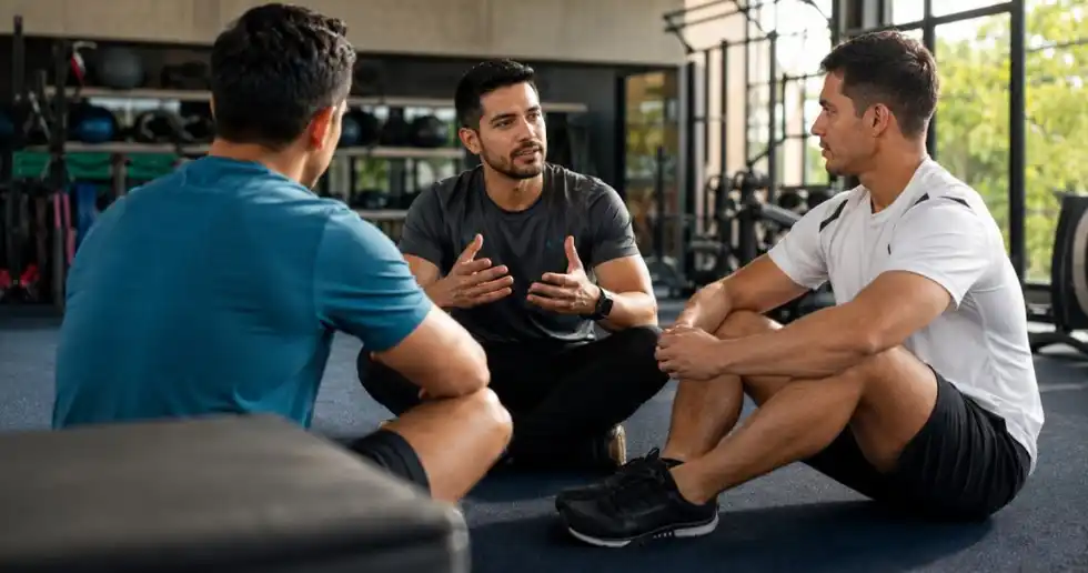 Fotografía de un especialista en psicología del deporte en cuclillas platicando con dos atletas para aumentar su rendimiento deportivo.